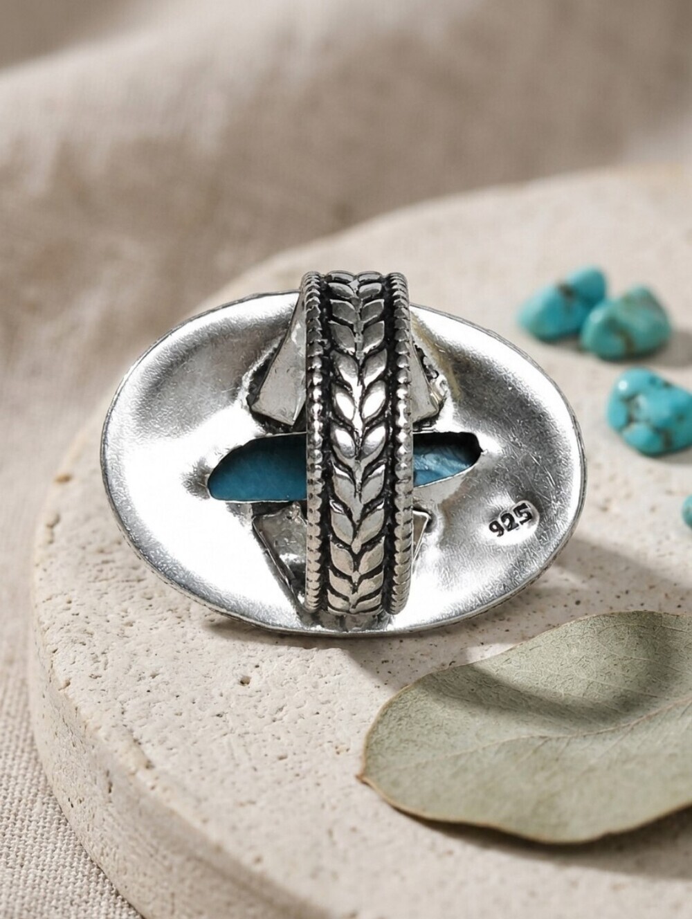 925 Sterling Silver Genuine Turquoise Large Oval Cabochon Western Ring Size 8.5 - Picture 7 of 15